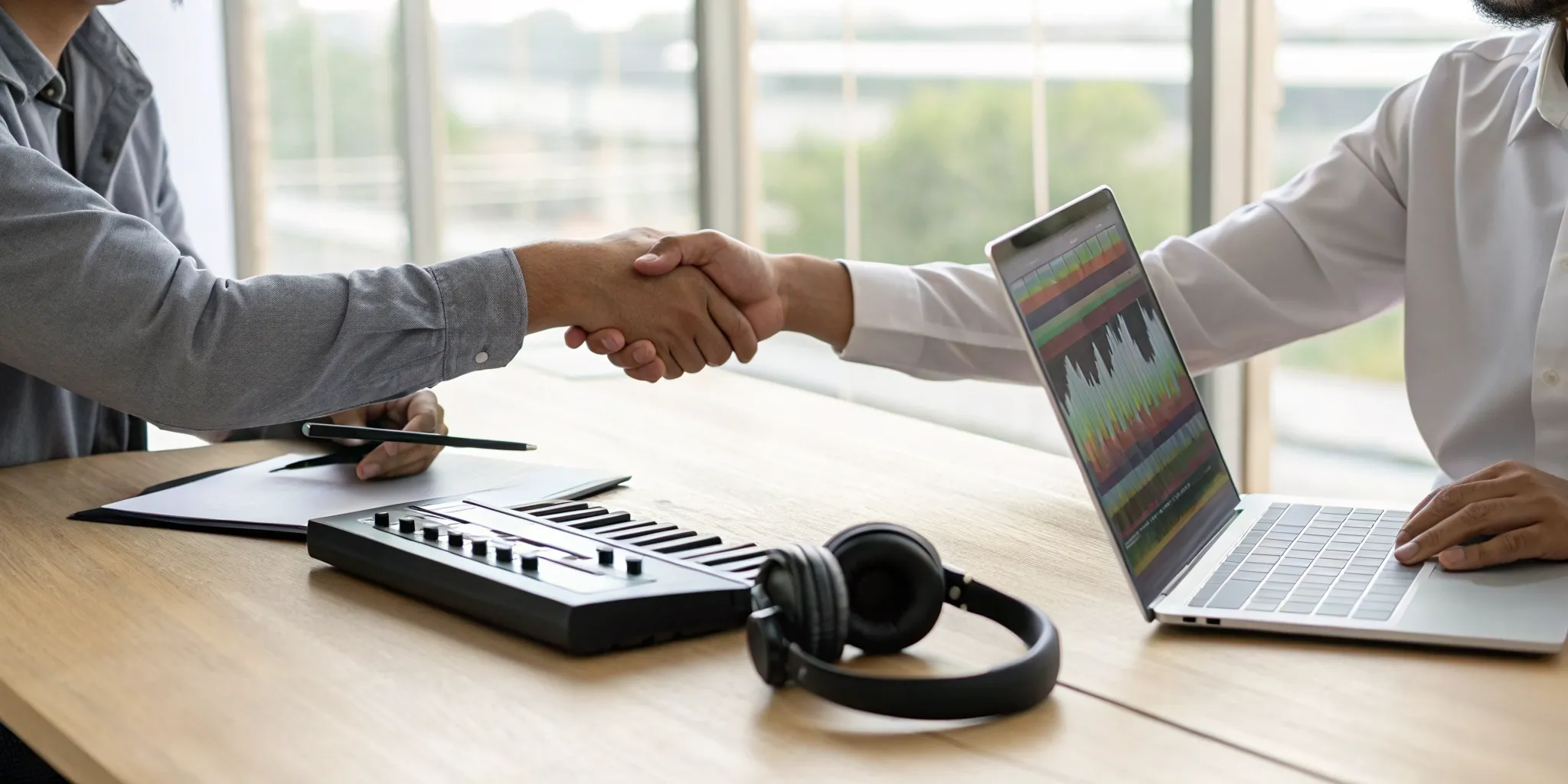A handshake finalizes the deal to hire a music composer in a studio with production gear.