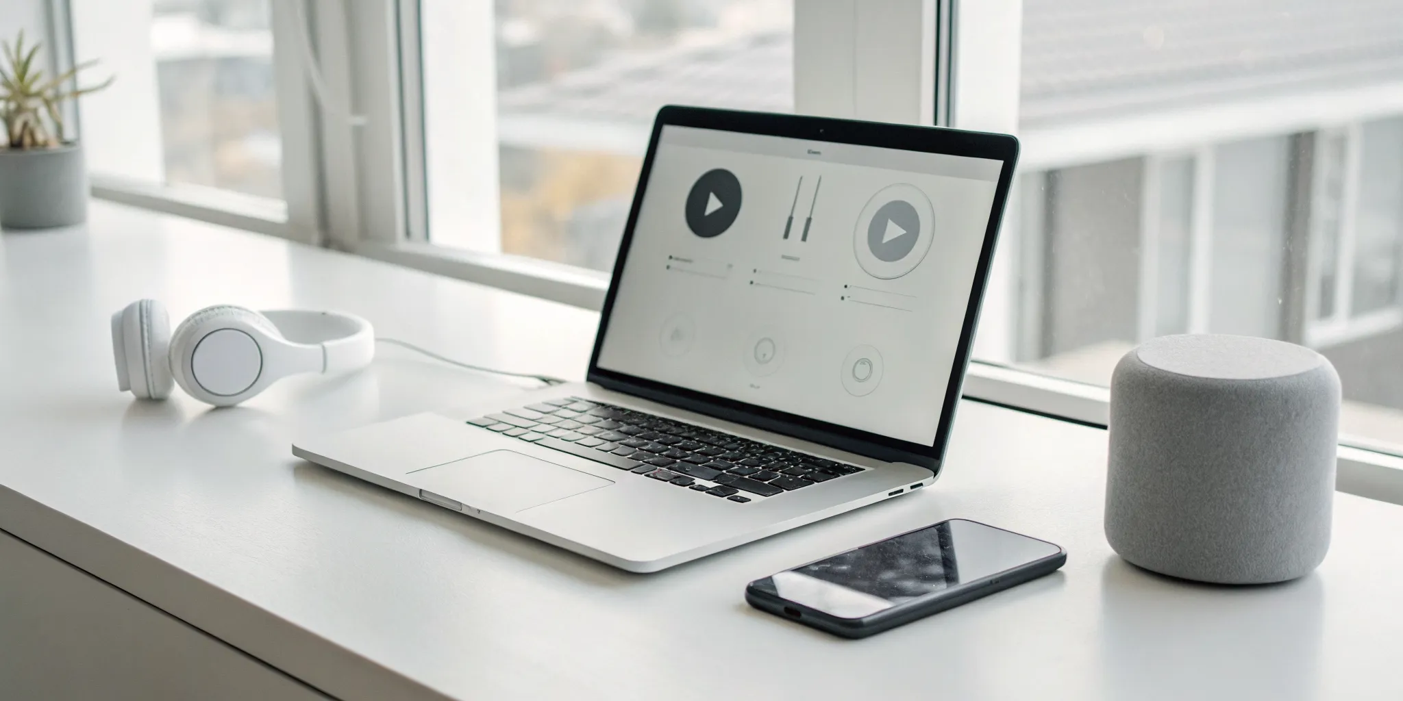 Using a laptop, smartphone, and headphones to listen to radio online.