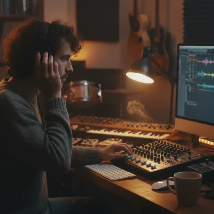 Independent musician preparing a mastered track for music submission in a home studio