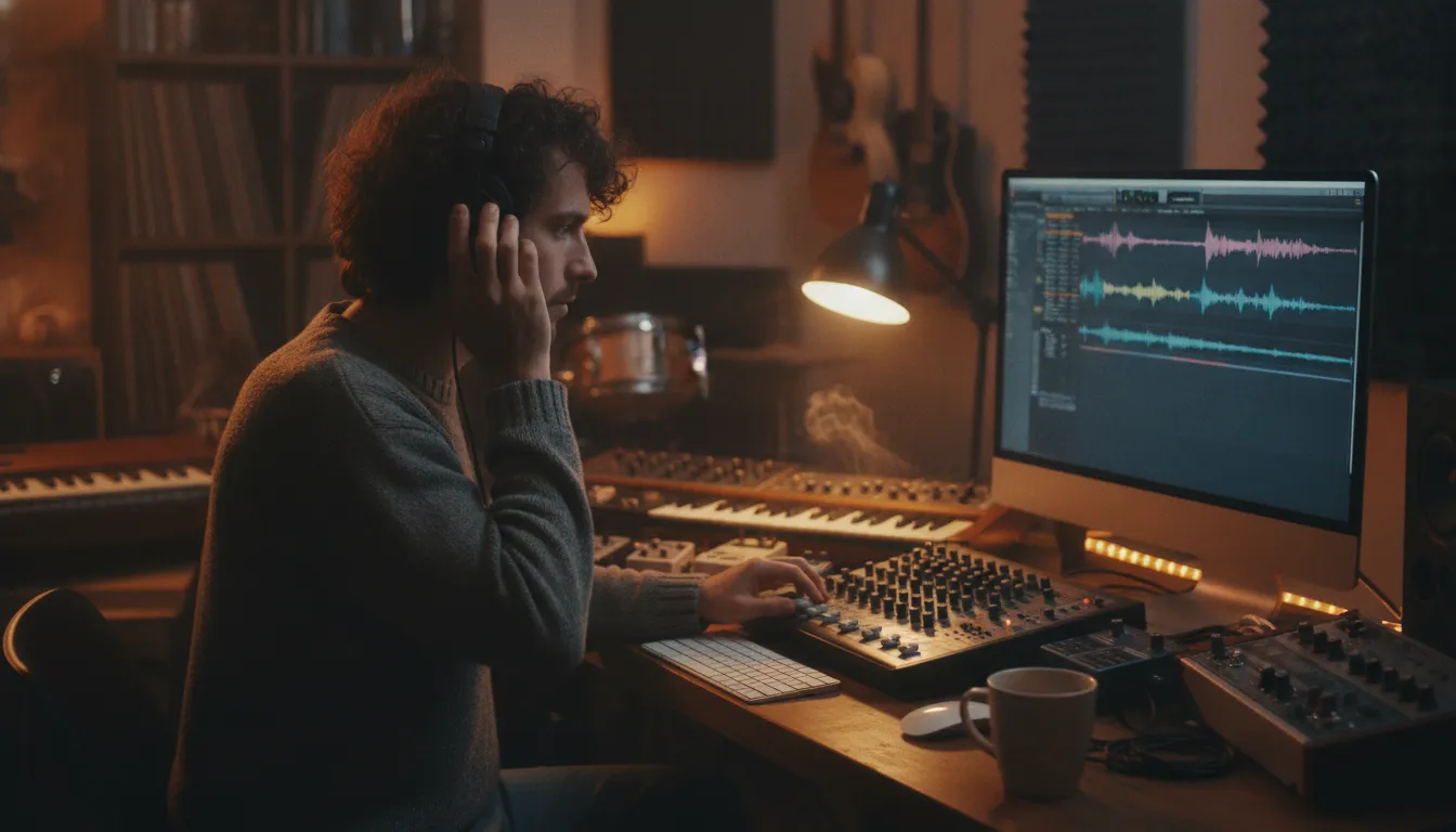 Independent musician preparing a mastered track for music submission in a home studio