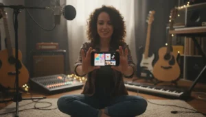Wilde Green: Charlotte’s Rising Indie Band | Local Music Somewhere 2 Independent musician creating social media content in a home studio with smartphone and recording equipment