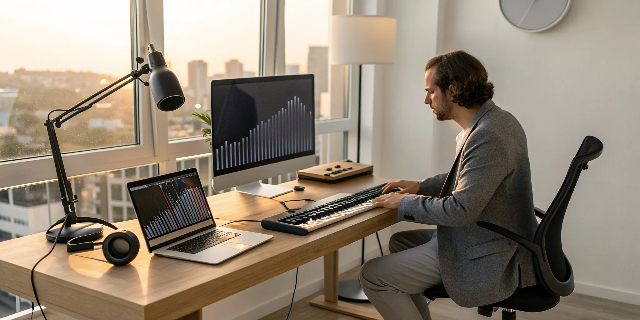 An independent artist promoting their music from a home studio on a laptop.