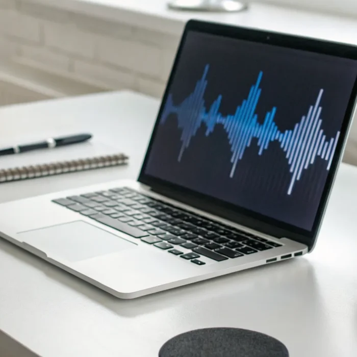 An artist prepares to send music to radio stations using a laptop and headphones.