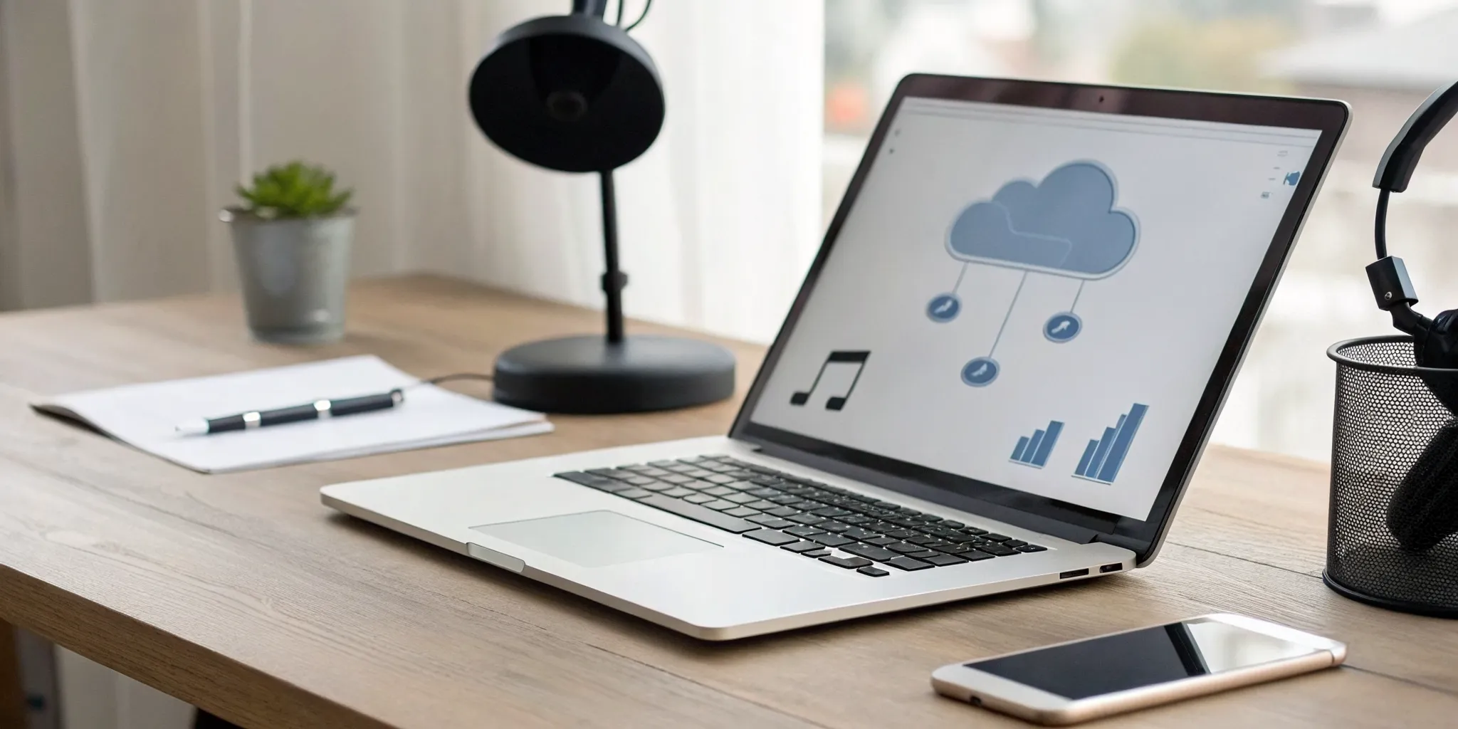 Desk with a laptop, headphones, and notes on how to submit a song to radio.