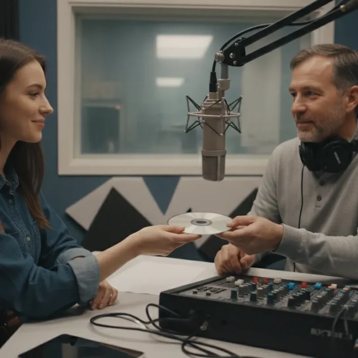 Independent artist and radio host reviewing a song in a radio studio