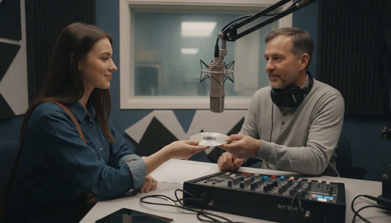 Independent artist and radio host reviewing a song in a radio studio