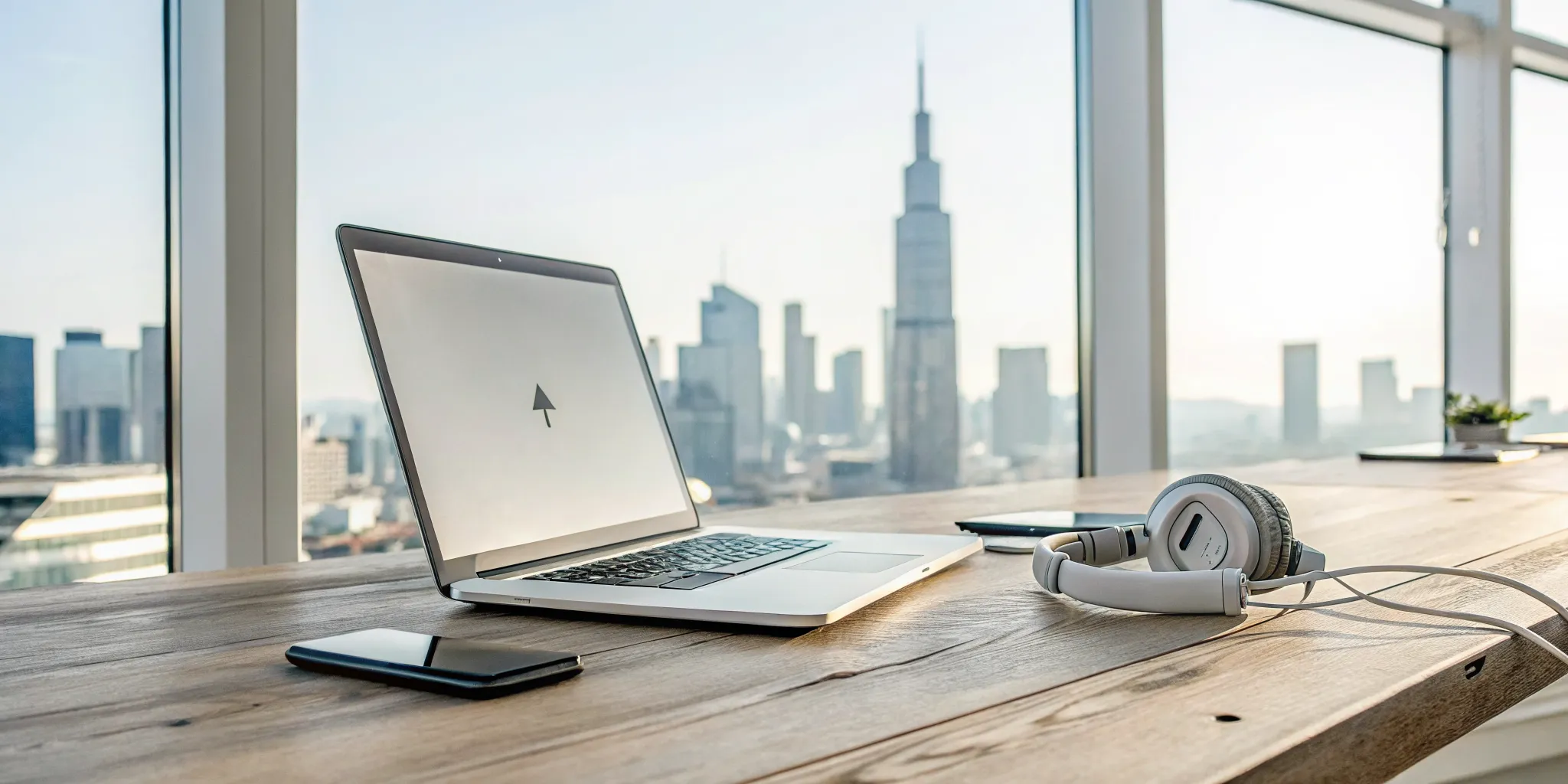 A desk with a laptop and headphones for submitting music to radio stations for free.