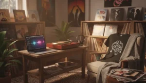 Jade Moore – “How I’ve Been” (Live Performance) | rBeatz Radio 2 A cozy music room filled with vinyl records and a laptop displaying the rBeatz player