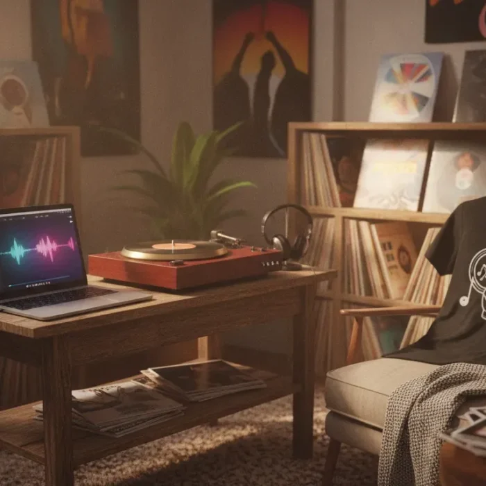 A cozy music room filled with vinyl records and a laptop displaying the rBeatz player