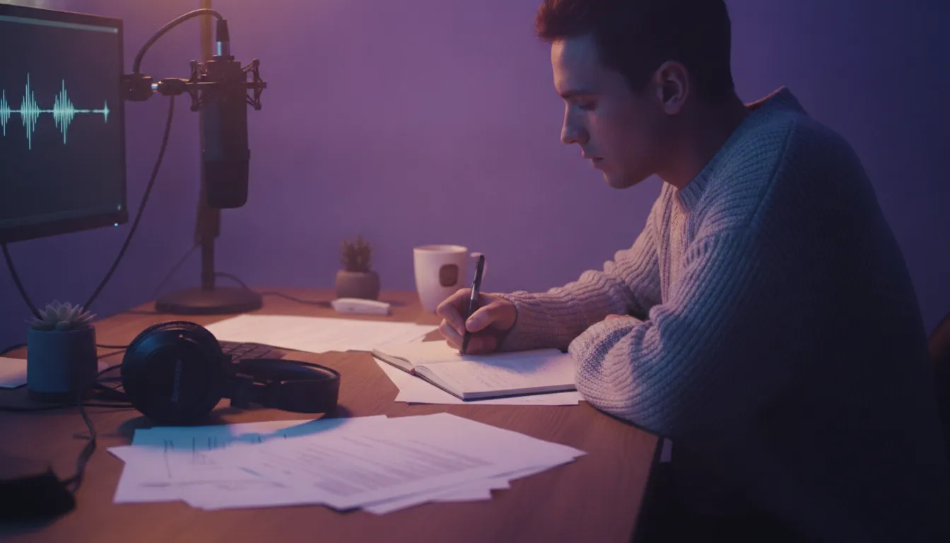 Independent music artist writing a music artist bio in a home studio