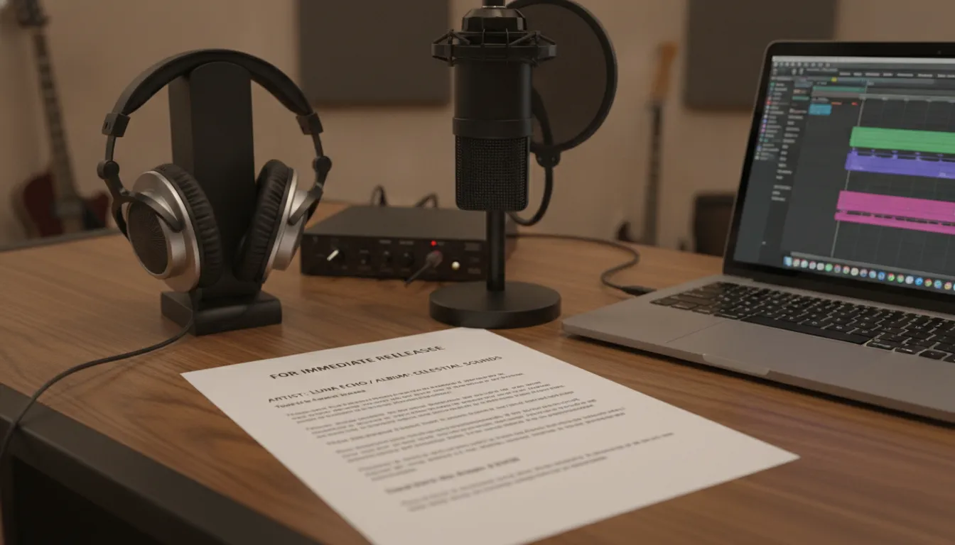 A professional music press release document, headphones, and laptop on a desk