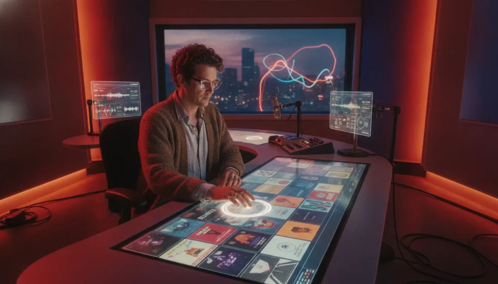 Radio curator selecting independent music in a studio