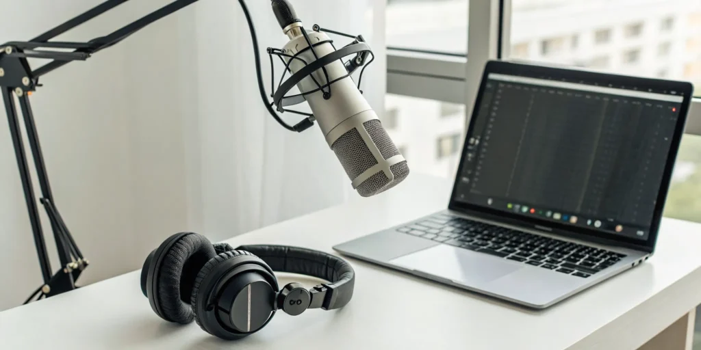A desk with a microphone, headphones, and laptop for getting started with internet radio.