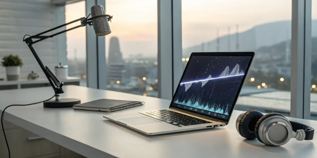 Microphone and laptop with an audio waveform, set up for an artist to get internet radio airplay.