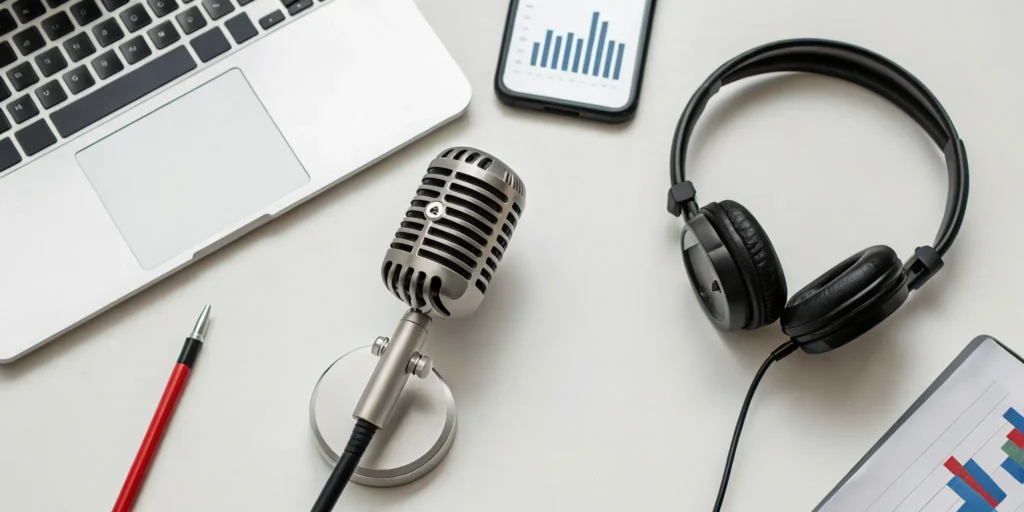 Blog 8 Microphone and headphones on a desk, researching if paid radio airplay is legit.