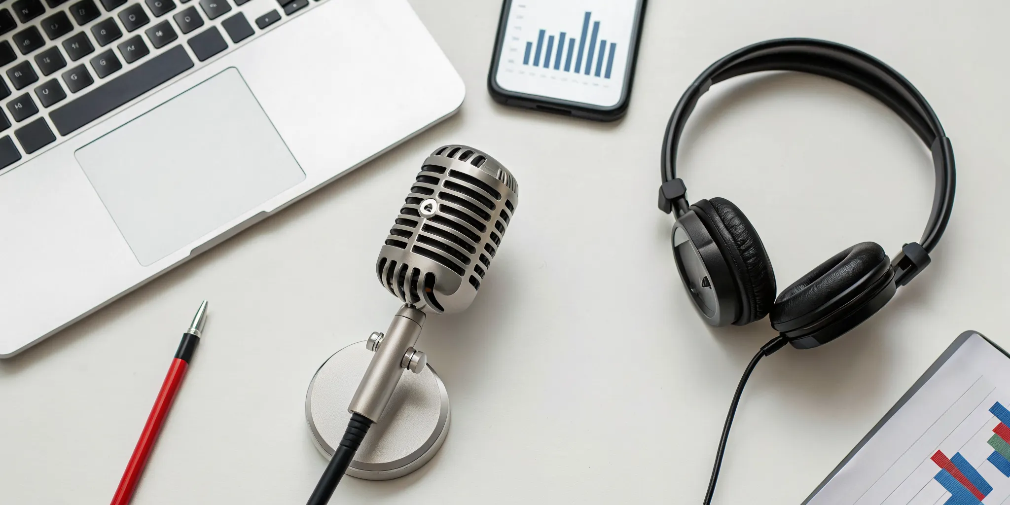Microphone and headphones on a desk, researching if paid radio airplay is legit.