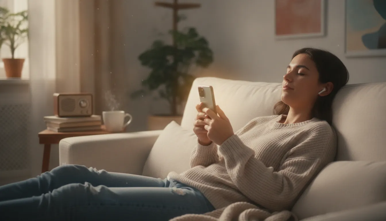 Person listening to a live radio stream on a smartphone without logging in to an account