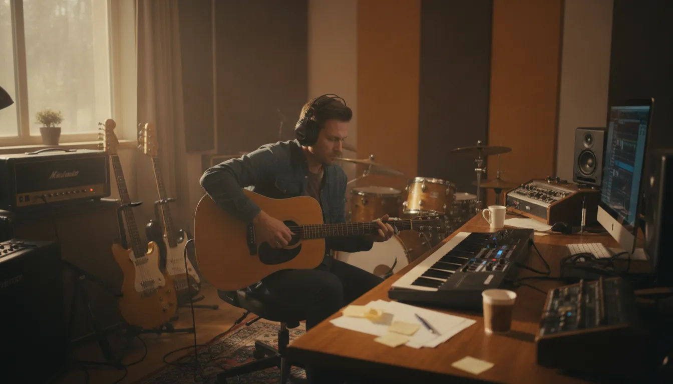 Independent musician in a recording studio with headphones, working on music production