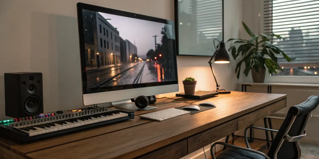 Blog 7 Studio of a music composer for short film with a MIDI keyboard, computer, and speakers.