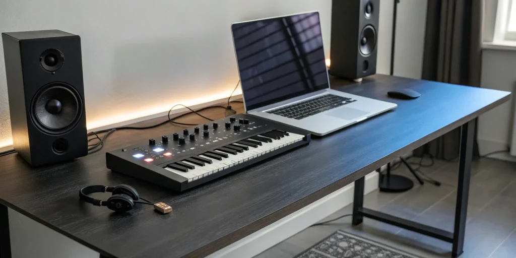Blog 5 Essential music production gear for artists: laptop, MIDI keyboard, monitors, and headphones.