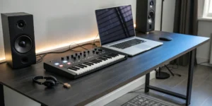 Essential music production gear for artists: laptop, MIDI keyboard, monitors, and headphones.