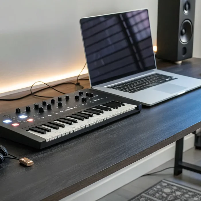 Essential music production gear for artists: laptop, MIDI keyboard, monitors, and headphones.