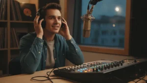 Grief, Growth & Golden Hearts: Holly Gainsboro on Healing Through Loss 6 Independent artist in a radio studio with headphones and microphone, hopeful atmosphere