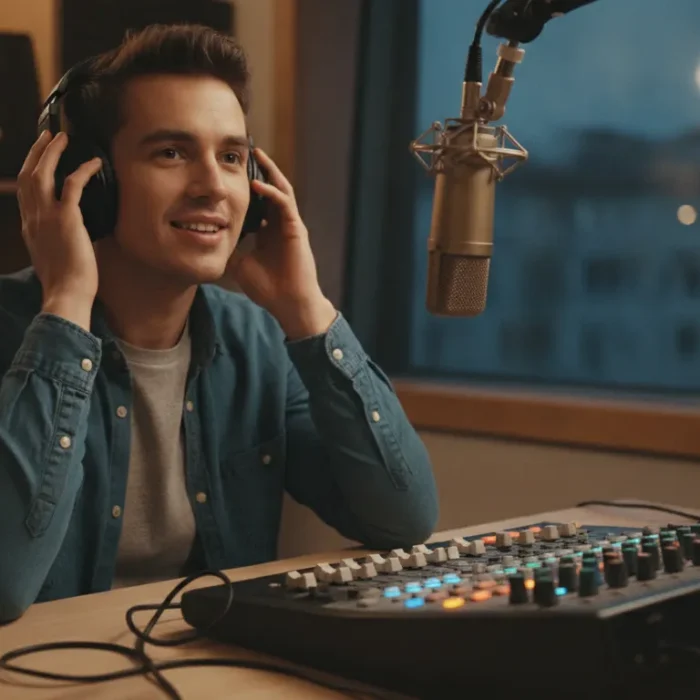 Independent artist in a radio studio with headphones and microphone, hopeful atmosphere
