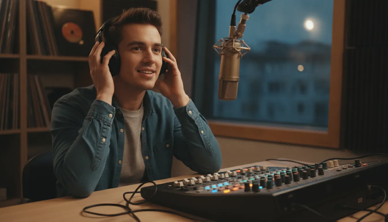Independent artist in a radio studio with headphones and microphone, hopeful atmosphere
