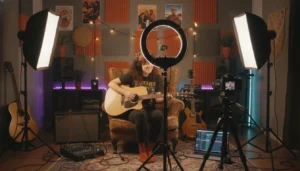 Milagros Ugueto on Afro-Latinidad, Culture & Community Building | OTR with Terry Hudson 2 Independent musician recording video content in a home studio with professional lighting equipment
