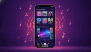 Oceanic: Charlotte’s Indie Rock Power Trio Making Big Waves 3 Smartphone displaying a music streaming interface without a login screen, surrounded by musical notes and radio waves