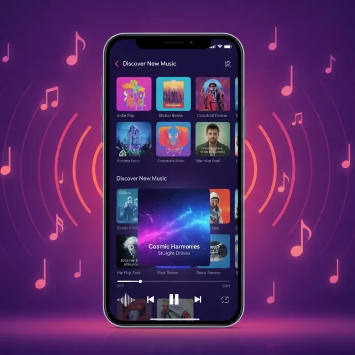 Smartphone displaying a music streaming interface without a login screen, surrounded by musical notes and radio waves
