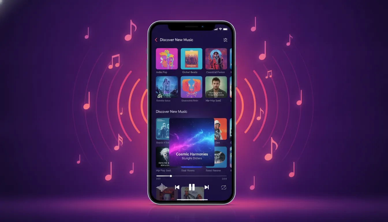 Smartphone displaying a music streaming interface without a login screen, surrounded by musical notes and radio waves