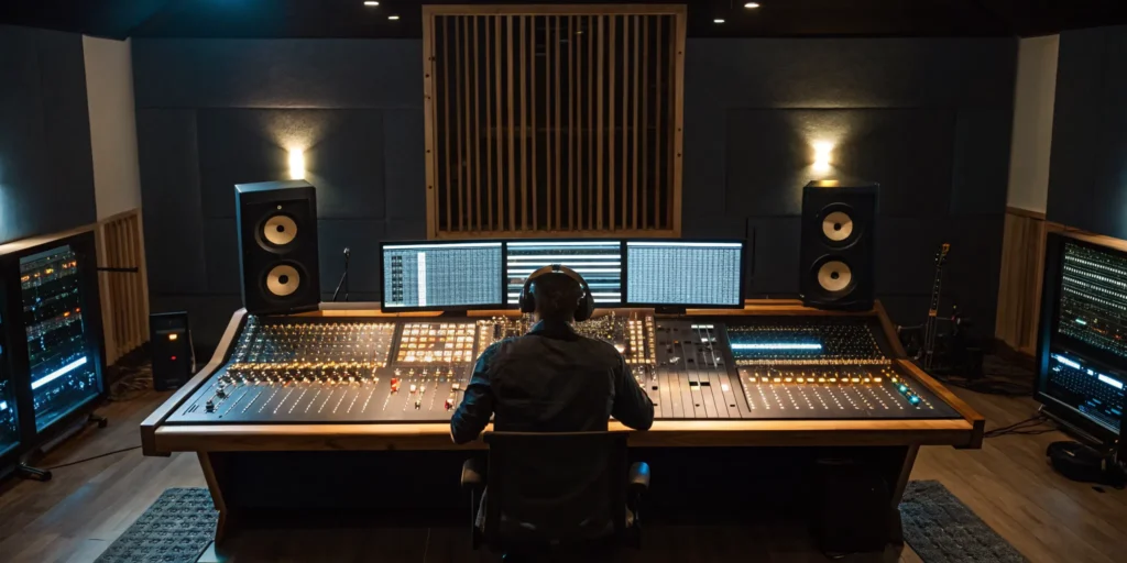 Audio engineer at a mixing console providing professional online mixing and mastering.