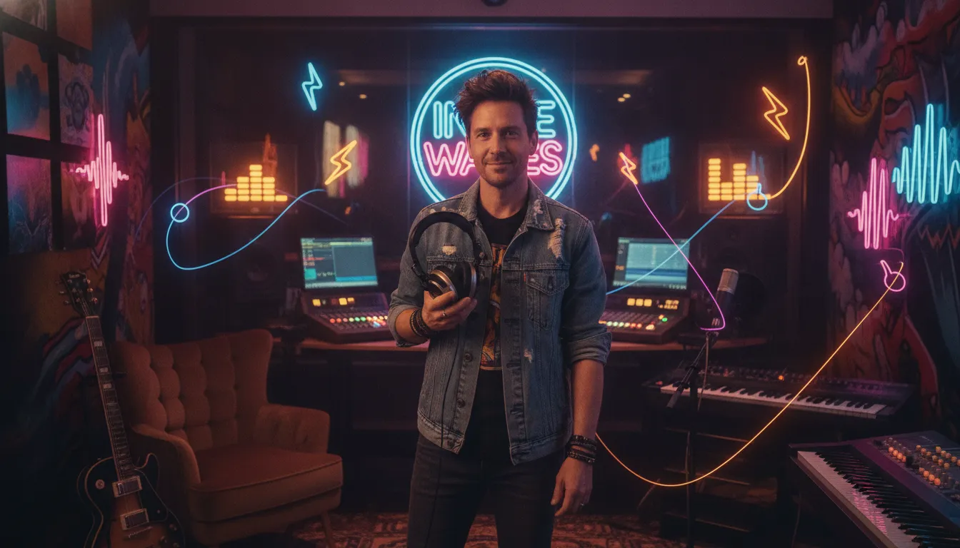 Independent musician in a vibrant radio studio with neon music notes