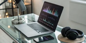 A modern setup for streaming radio with a laptop, headphones, and a smartphone.