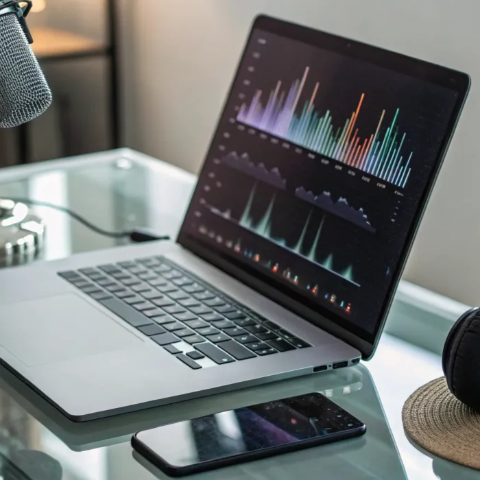 A modern setup for streaming radio with a laptop, headphones, and a smartphone.