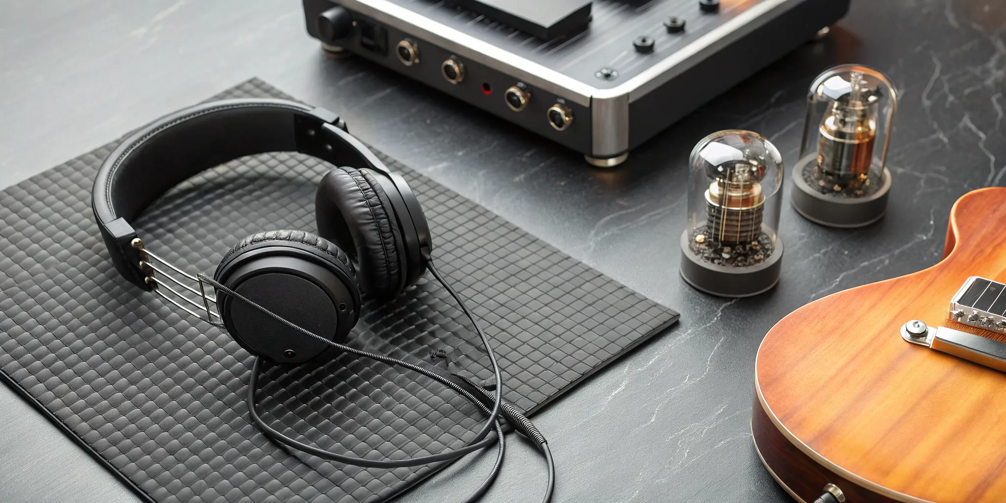 A guitar and headphones ready to find the best classic rock radio stations.