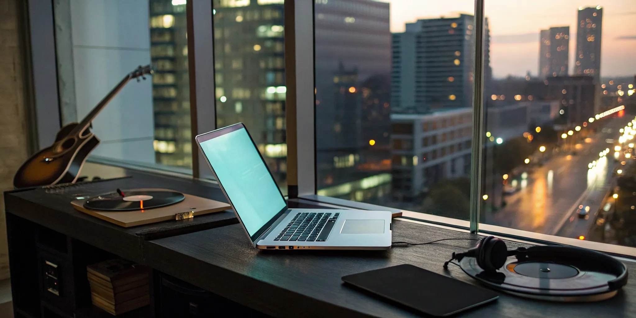 Laptop, headphones, and record player for streaming free classic rock.