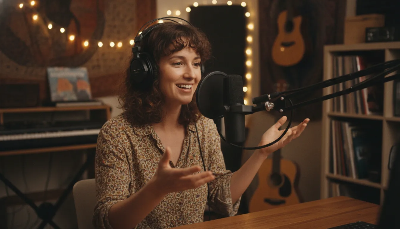 Independent musician recording a podcast in a warm home studio with microphone and headphones