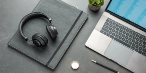 TreeHouse! Brings Reggae Jam Energy to rBeatz 3 A creator researches music licensing on a laptop with headphones and a notebook.