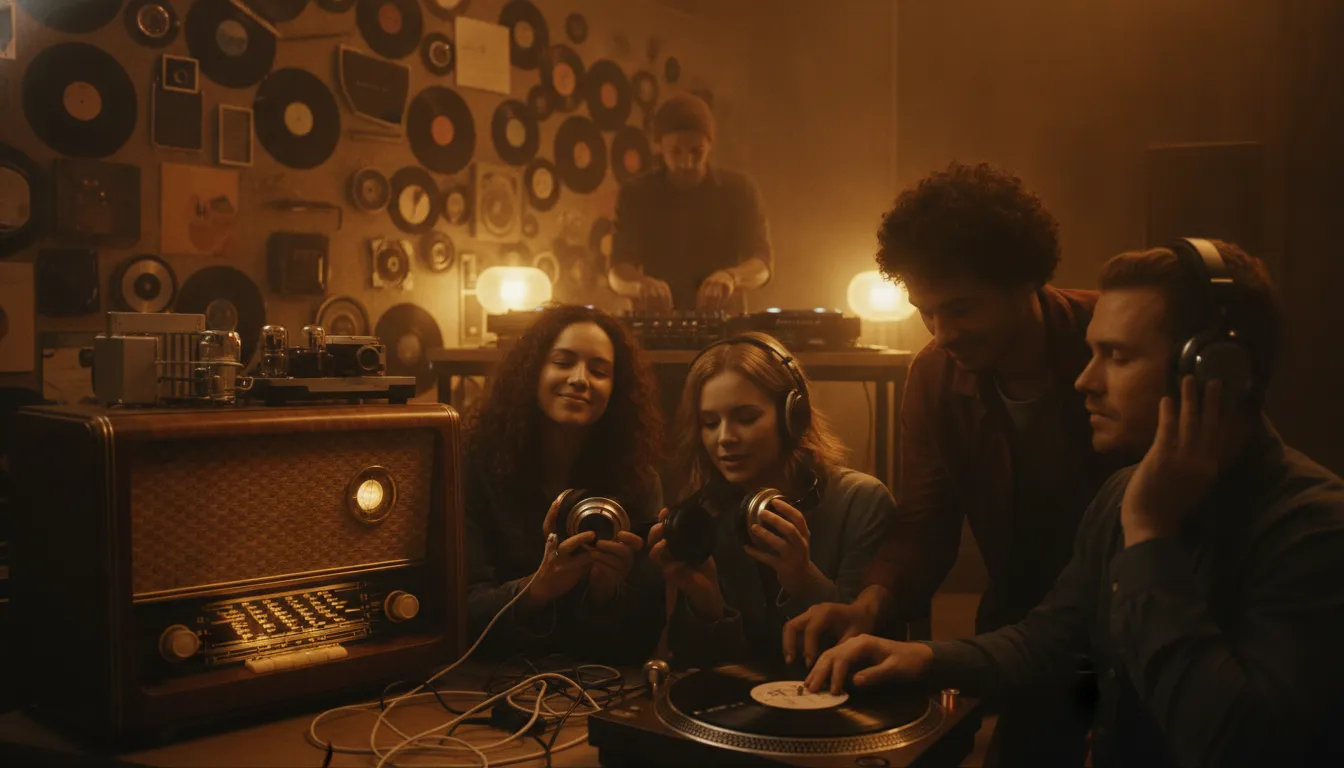 A DJ at a mixing board curating music for a live radio broadcast, representing human curated radio stations and authentic music discovery