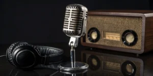 Patty Dowdy: Caffeine & Legends, Creativity & Choosing Differently 5 Vintage microphone and headphones at a classic rock and roll radio station.