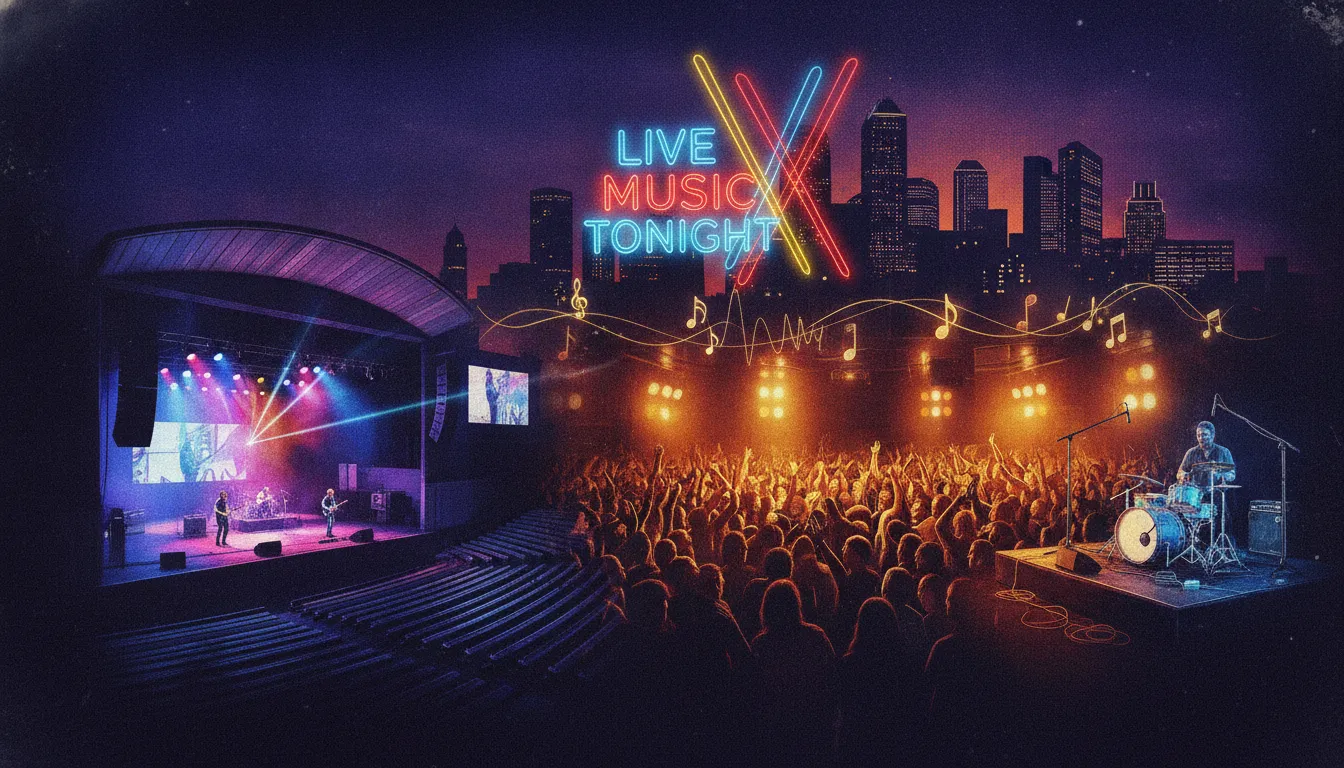 Charlotte NC live music venues at night with stage lights and neon signs