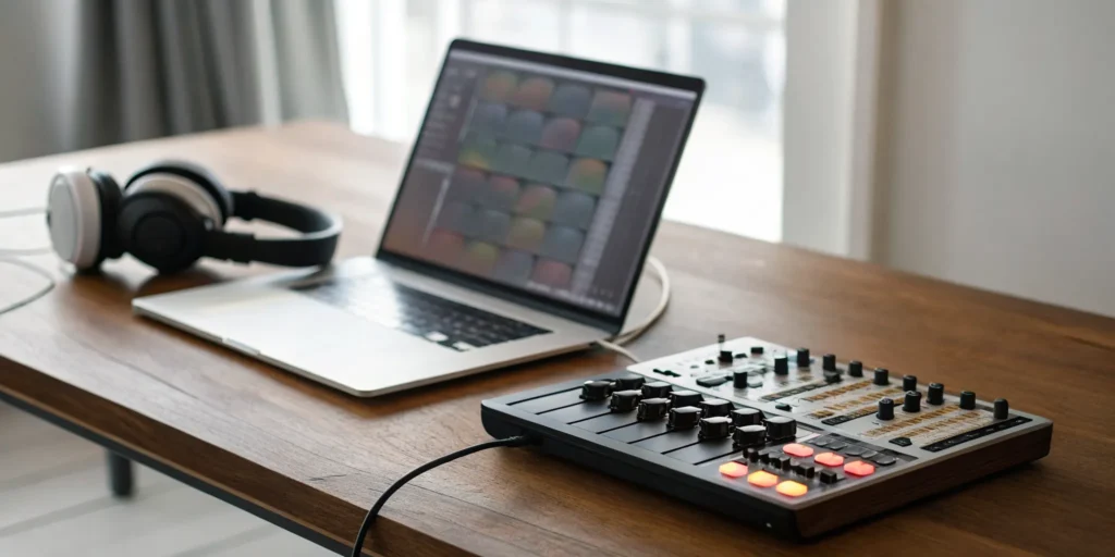 A beatmaker setup with a laptop, controller, and headphones for music production.