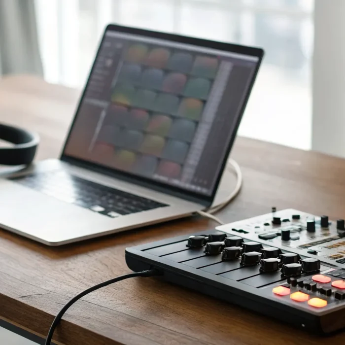 A beatmaker setup with a laptop, controller, and headphones for music production.