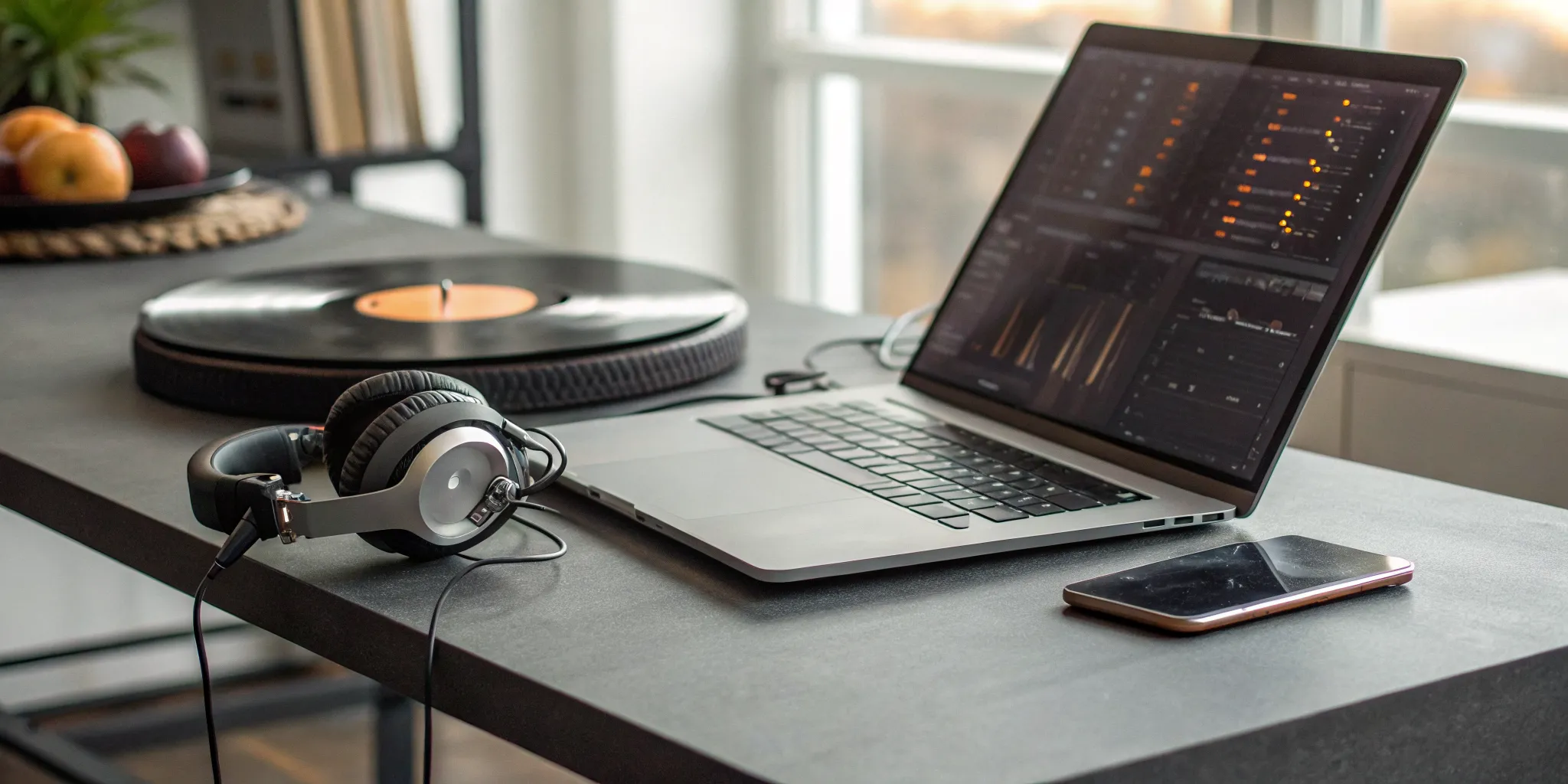 Classic rock music stations online on a laptop with headphones and a record player nearby.