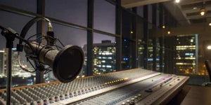 TreeHouse! Brings Reggae Jam Energy to rBeatz 2 An R&B hip hop radio station studio with a microphone and mixing console overlooking city lights.