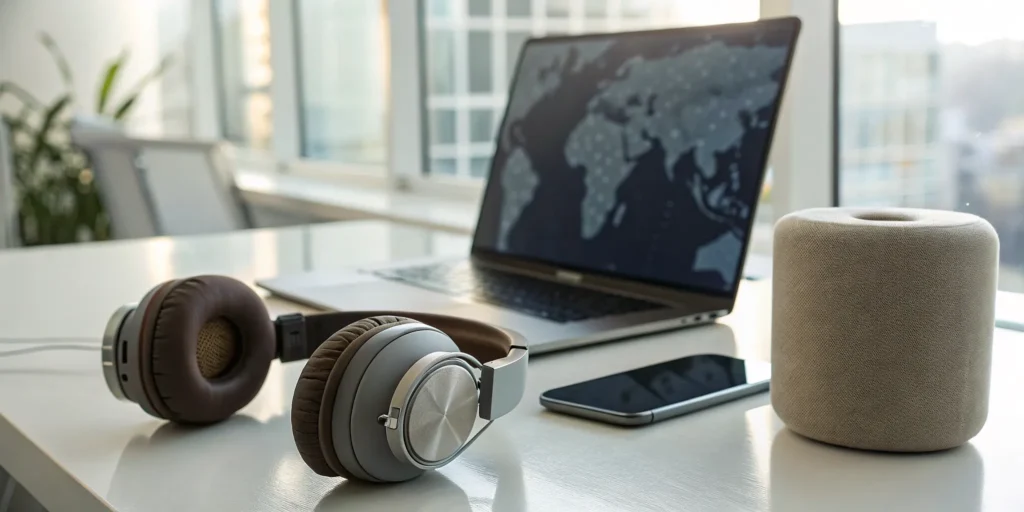 A desk with a laptop, smart speaker, and headphones for streaming the best internet radio.