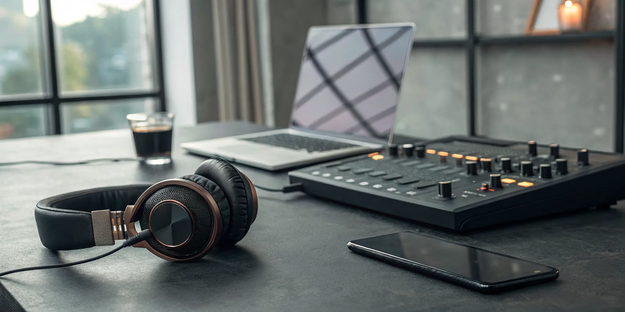 A home studio desk for streaming underground hip hop radio.